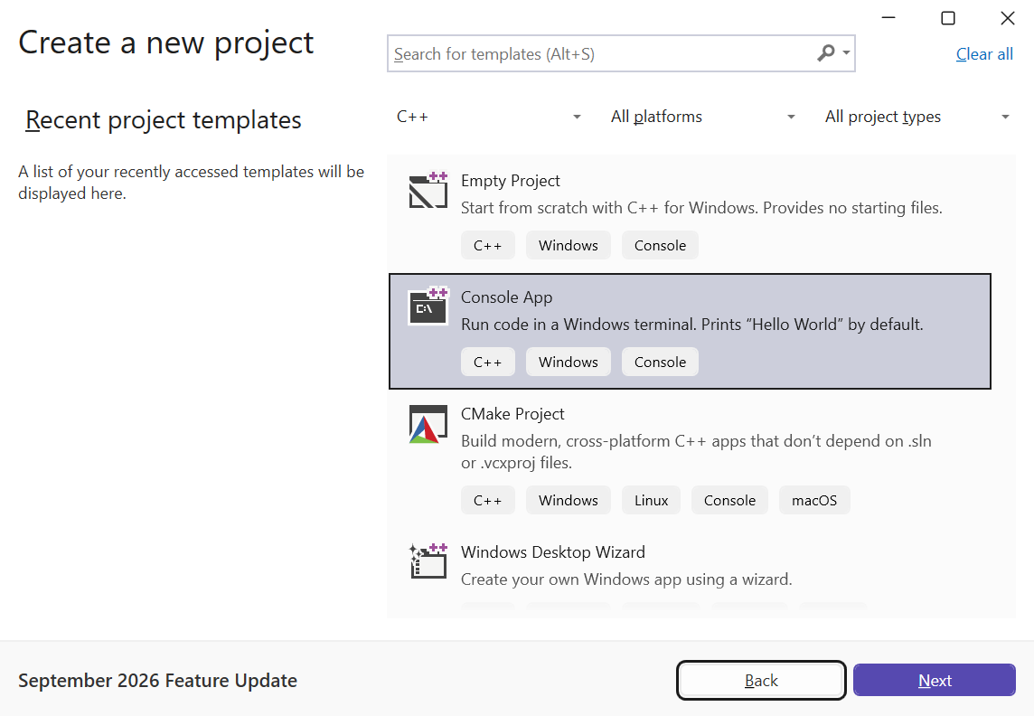 The C++ console app template