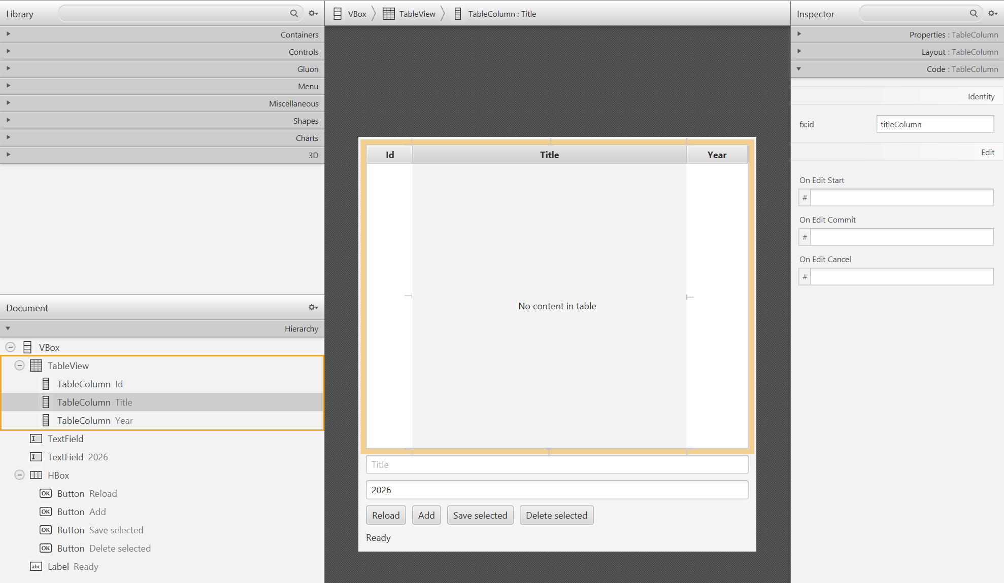 The structure of a TableView in Scene Builder