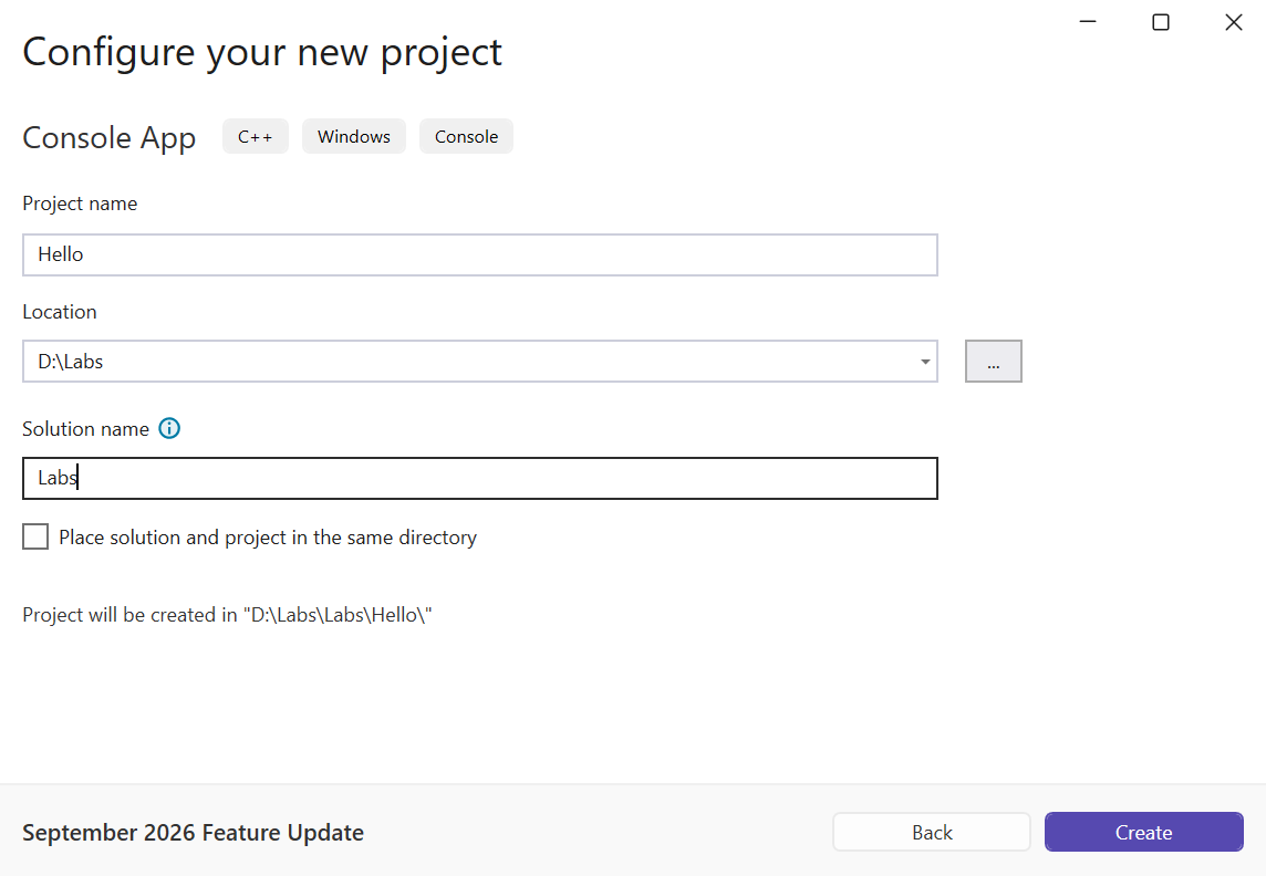 Project name and solution location