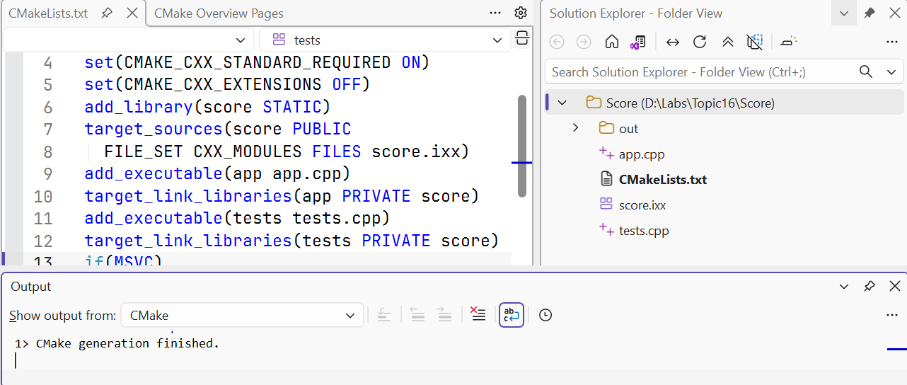 A CMake project opened in Visual Studio