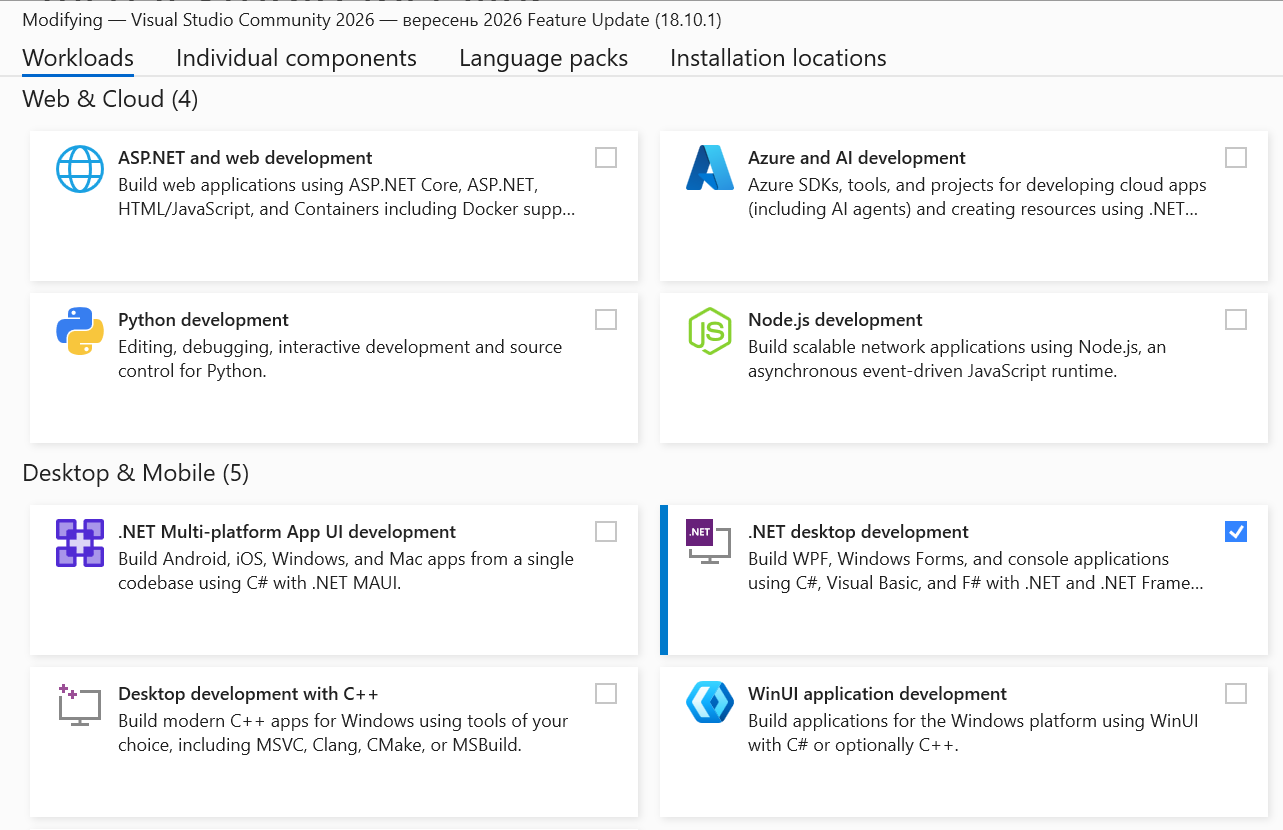 Selecting a workload in Visual Studio Installer