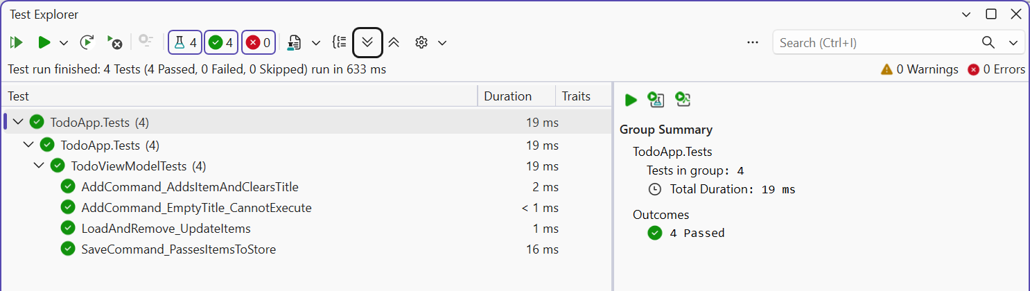 ViewModel unit tests in Test Explorer