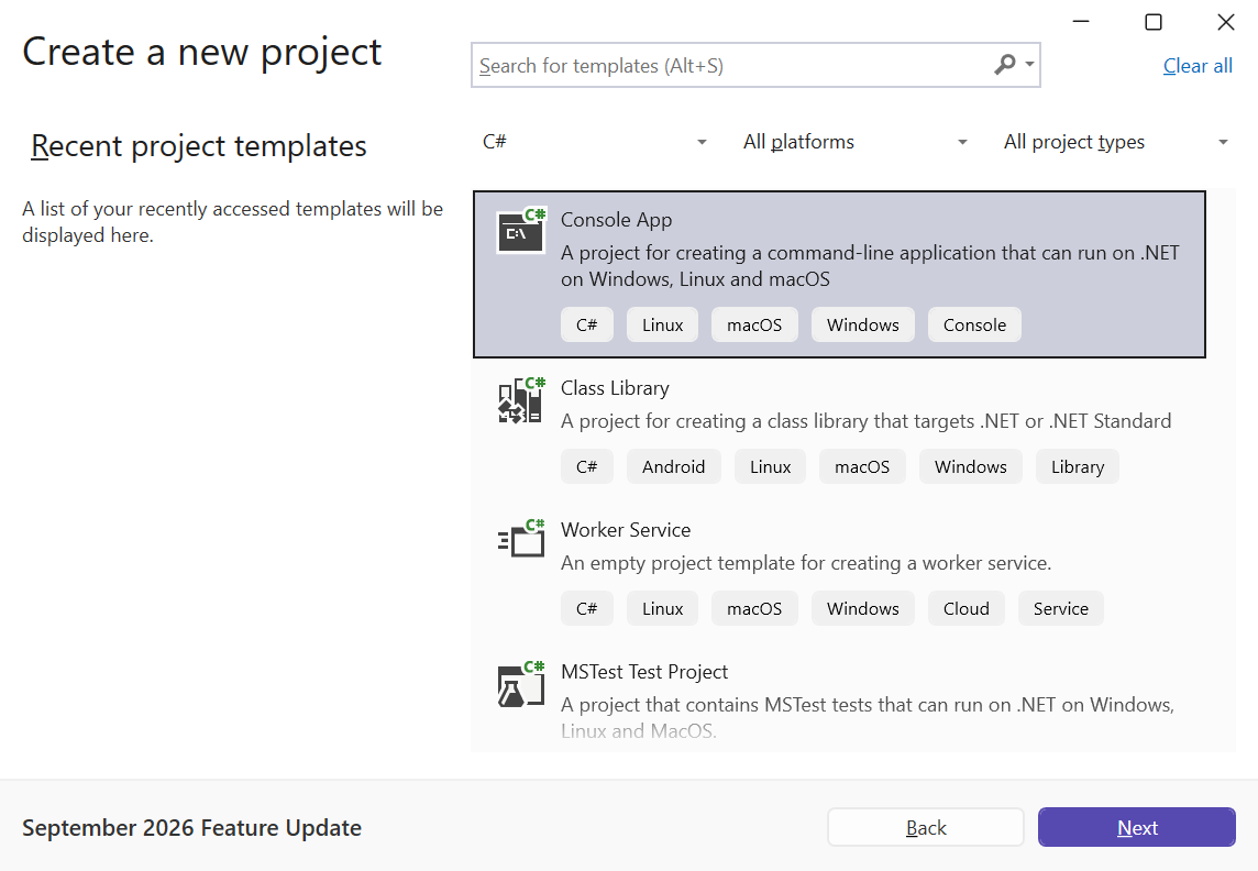 Selecting a console application template