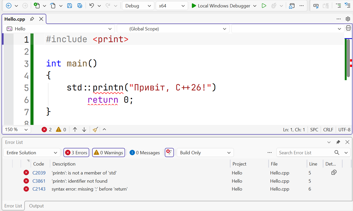Compiler messages in the Error List window