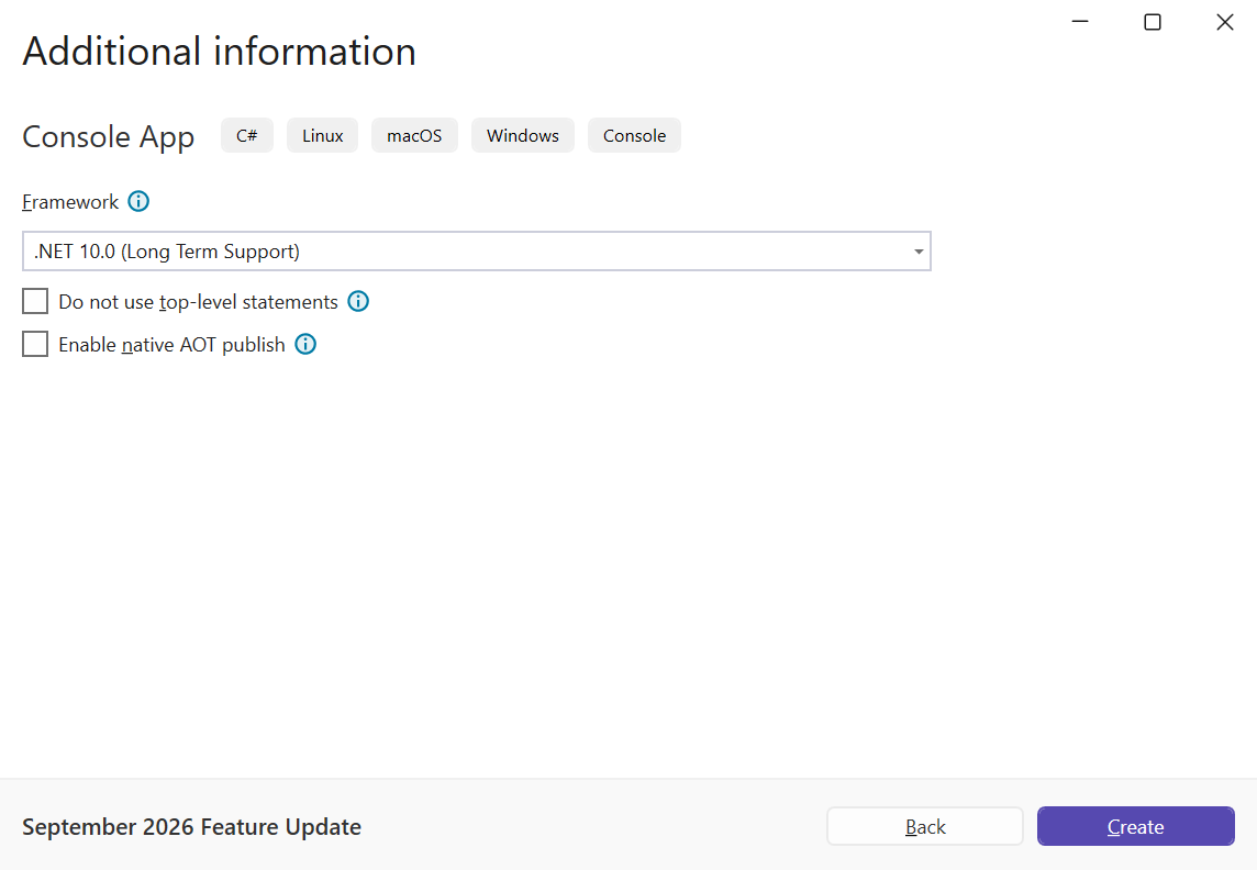 Selecting the .NET 10 target framework