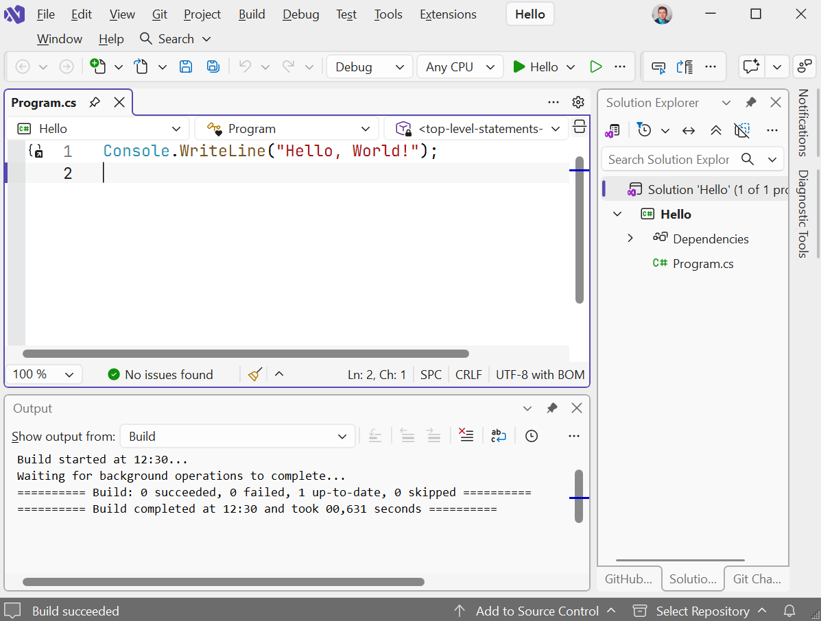 Visual Studio main window with the Hello project