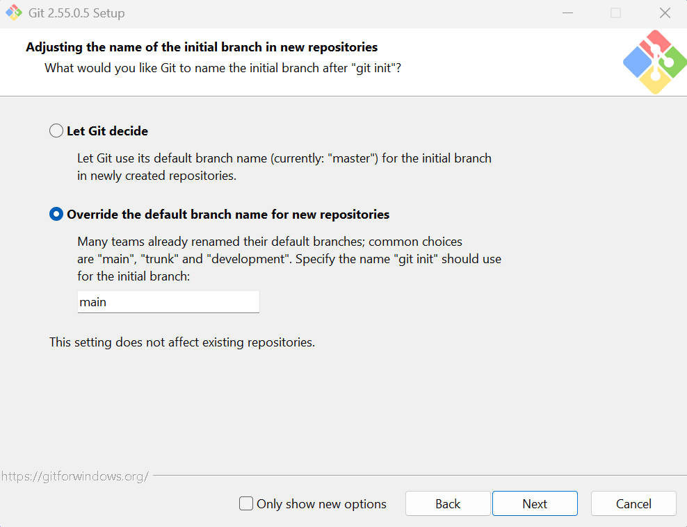 Initial Git for Windows options