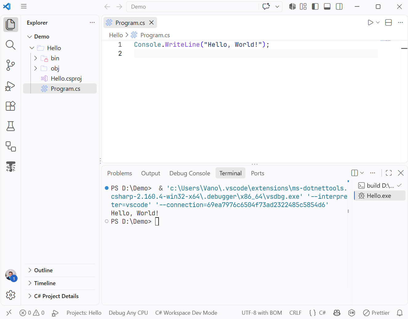 Running a console project in VS Code