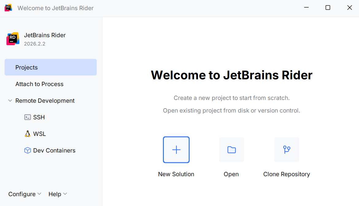 JetBrains Rider welcome window