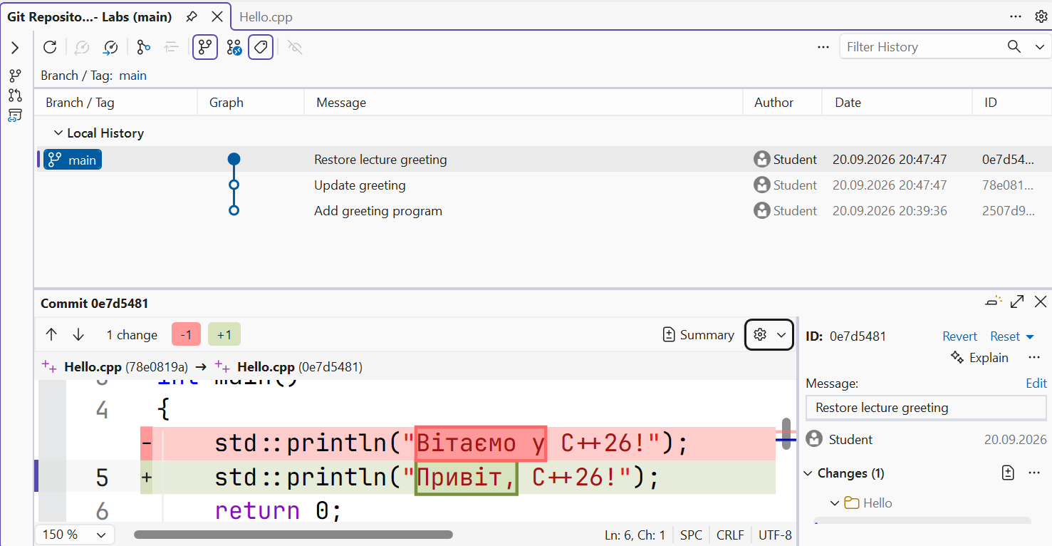 Commit history and file differences