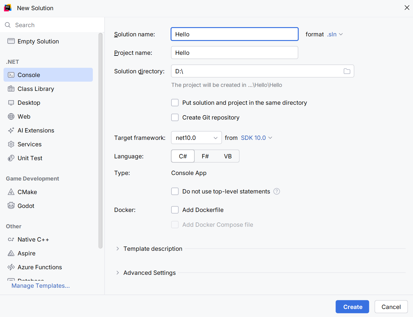 Creating a console solution in Rider